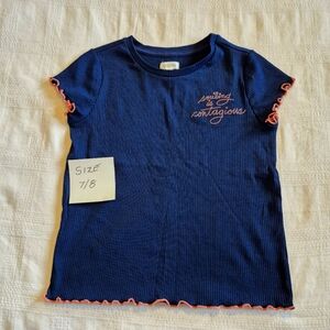 Gymboree girls size 7/8 or Medium blue ruffle stitched trim shirt EUC